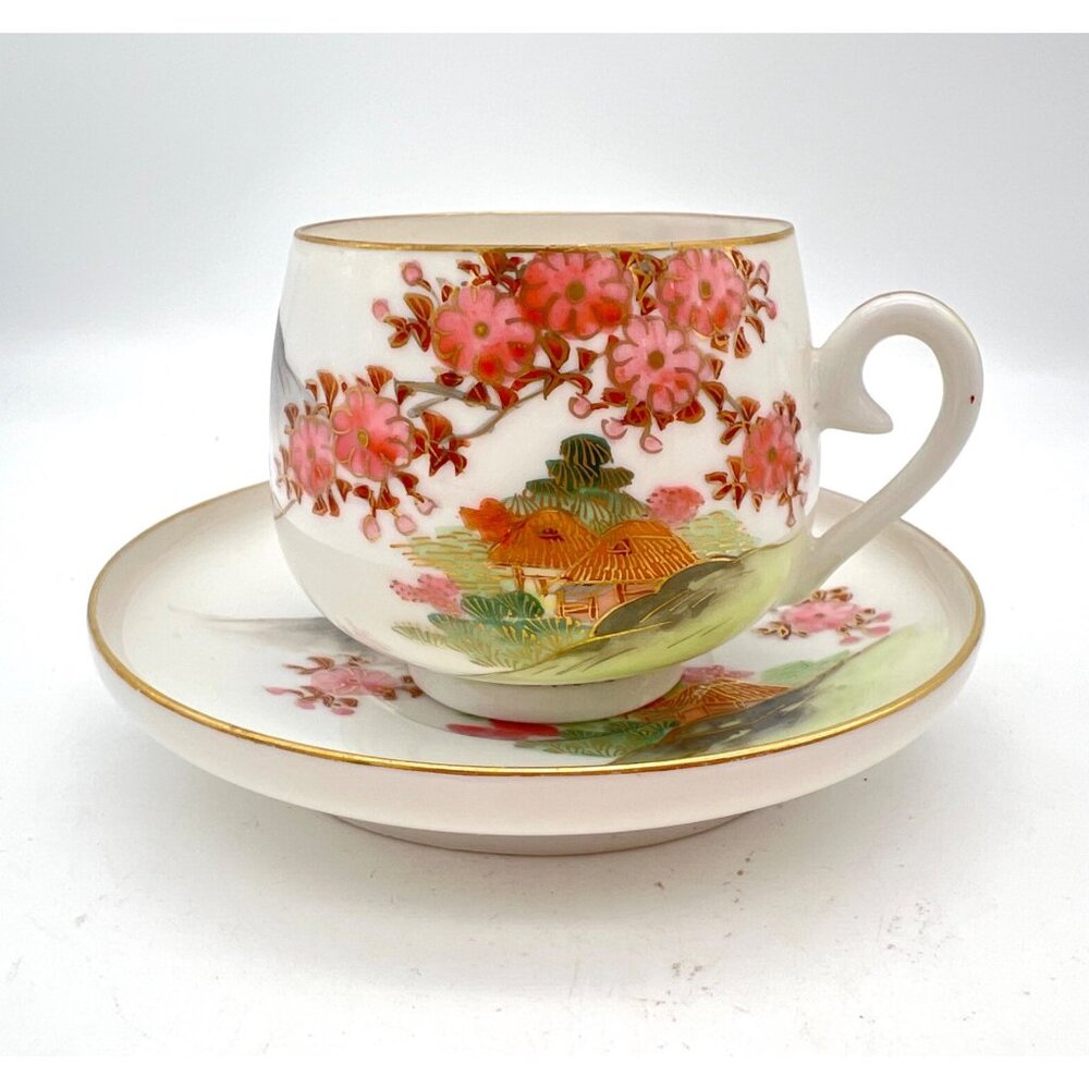 Vintage Japanese Geisha Lithophane Demitasse Teacup Saucer Cherry Blossoms Gilt - Picture 2 of 8